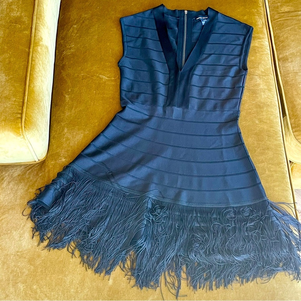 French Connection Body-con V neck black dress with fringe on hem Sz10